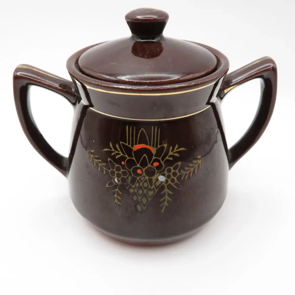 Vintage Japan Redware Moriage Coffee Set Pot, Creamer & Sugar Bowl Brown Floral